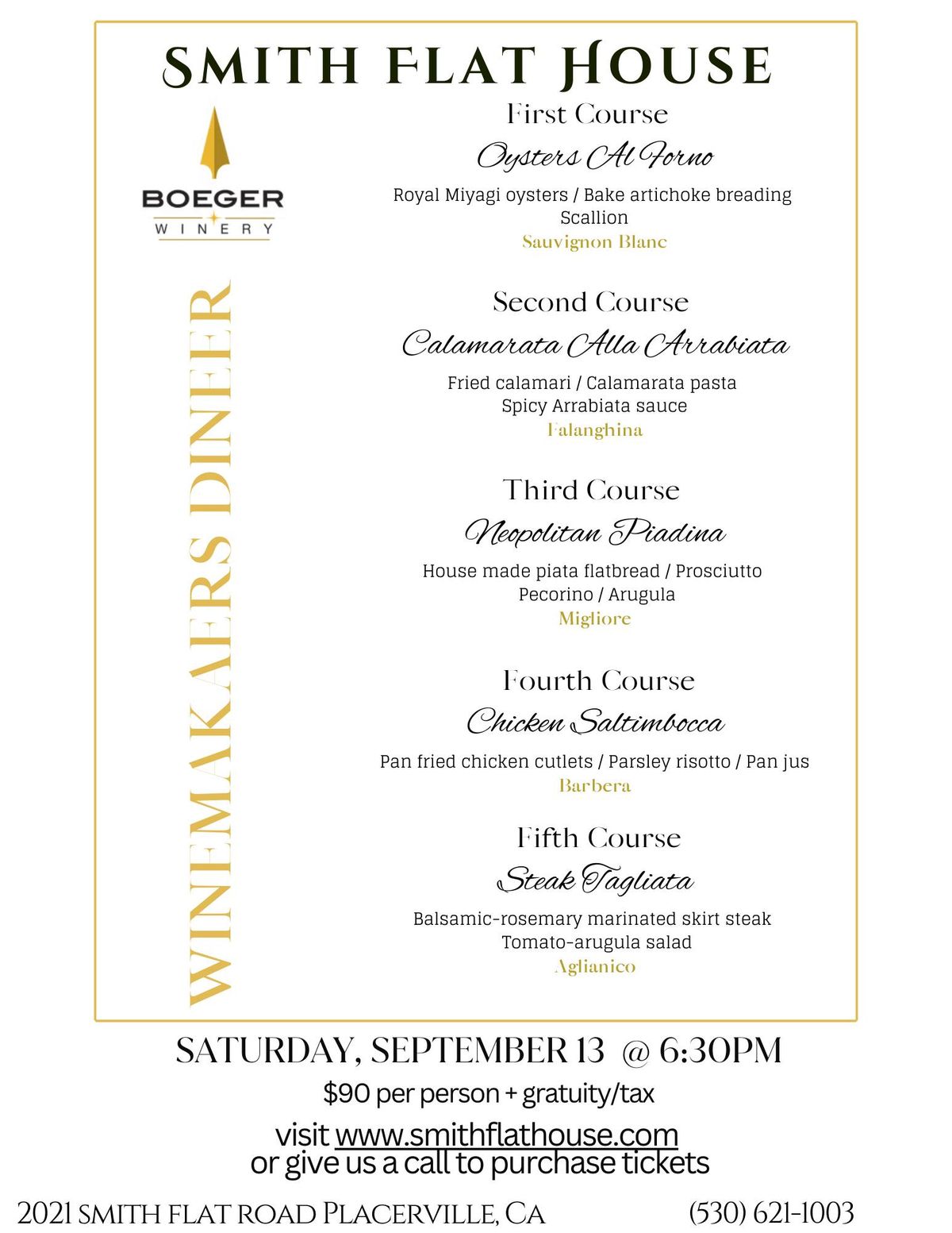 The Smith Flat House x Boeger Winemakers Dinner promises a unique culinary partnership celebrating local wines.